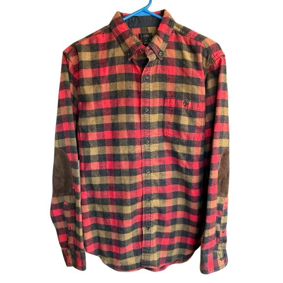 J Crew Shirt Mens M Red Plaid Flannel Button Up Wool Blend Leather Elbow Patch - Picture 1 of 8